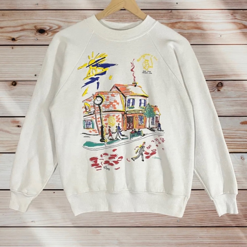 Vintage Montgomery Inn White Art‎ Crewneck size Medium Retro Colorful Vtg